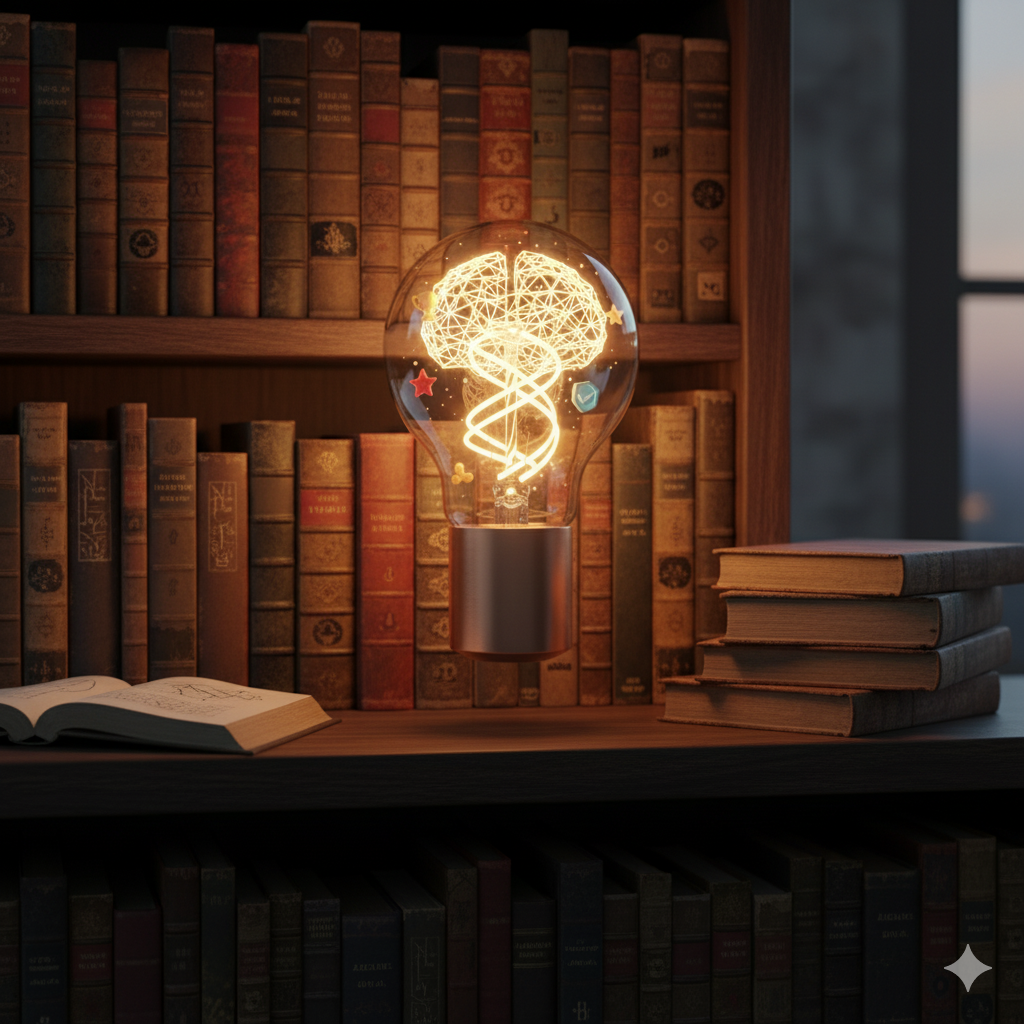 es un foco encendido y en el fondo un librero con varios libros.